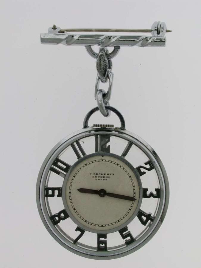BUCHERER Skeleton Art Deco Pocket Watch  with Art Deco Brooch Swiss