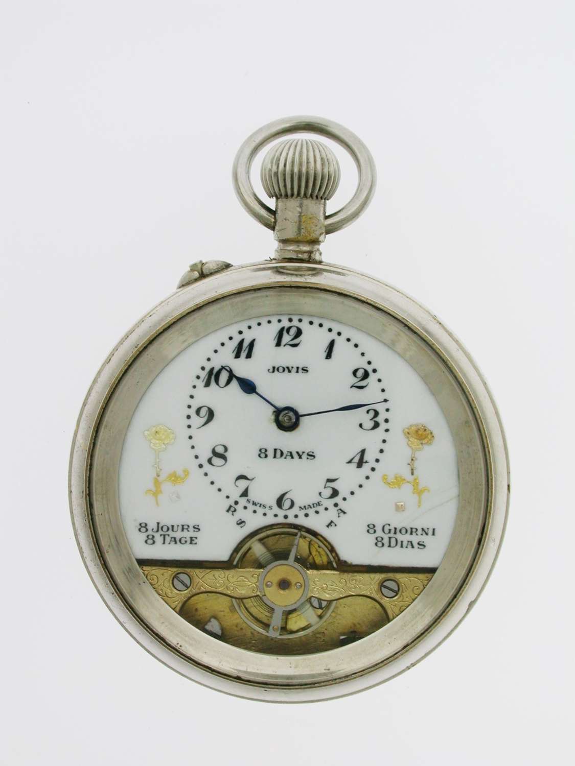 Jovis 8-day Steel Open Face Pocket Watch Swiss Made 1920