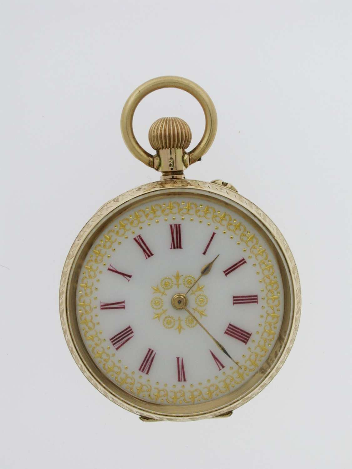 14 Kt Gold Red Numerals Open Face Pretty Dial Pocket Watch Swiss 1900
