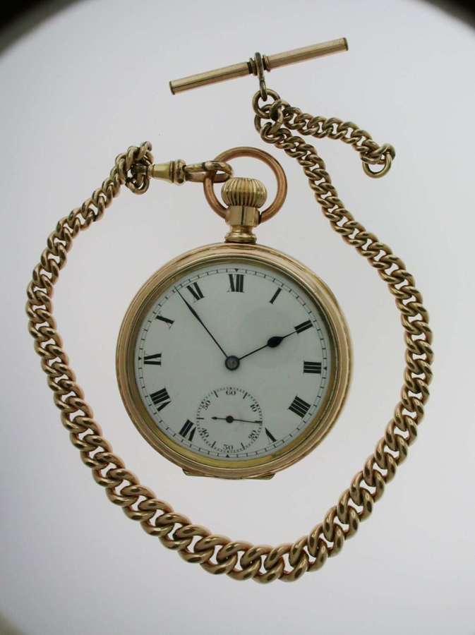 Antique Gold-Filled Open Face Pocket Watch  with Gold Filled Chain