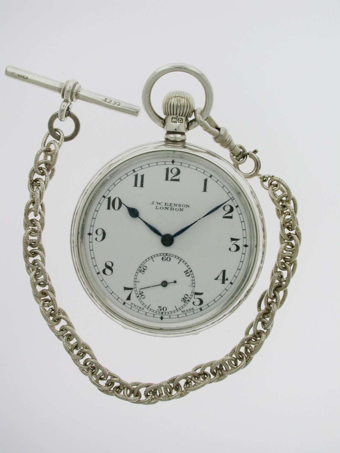 Antique J.W. BENSON Silver Open Face Pocket Watch Birmingham 1928