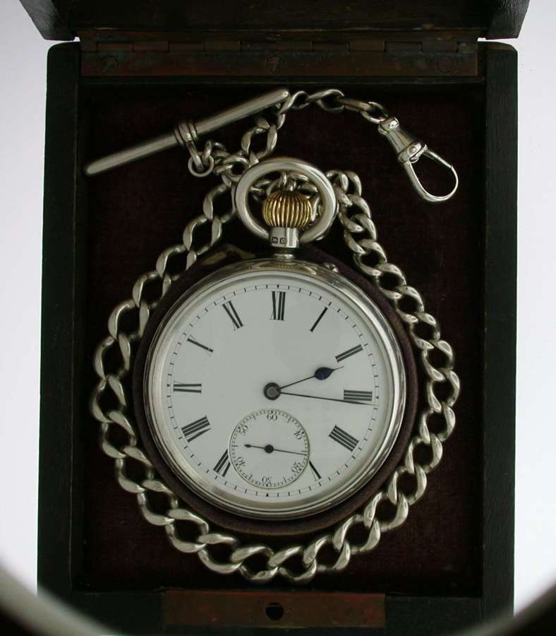 Antique Silver Pocket Watch with Silver Chain  in Wooden Mahogany Box