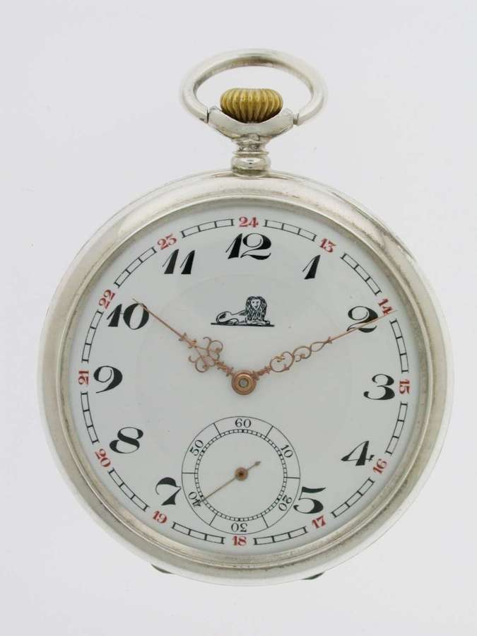 Silver 0.800 MINT Pocket Watch With Lion on Dial Case and Movement