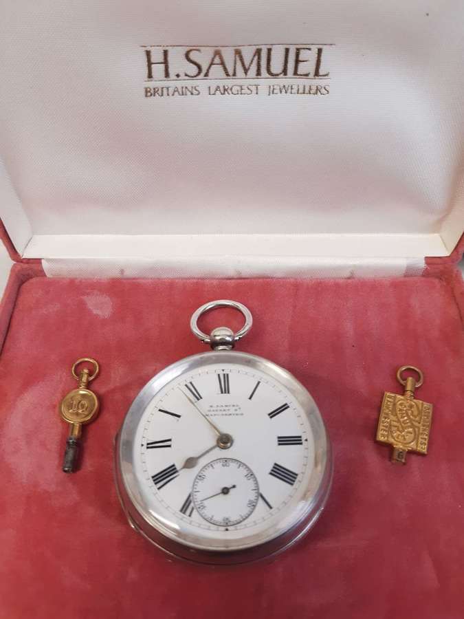 H. Samuel Manchester Silver Open Face Pocket Watch in Original Box Key