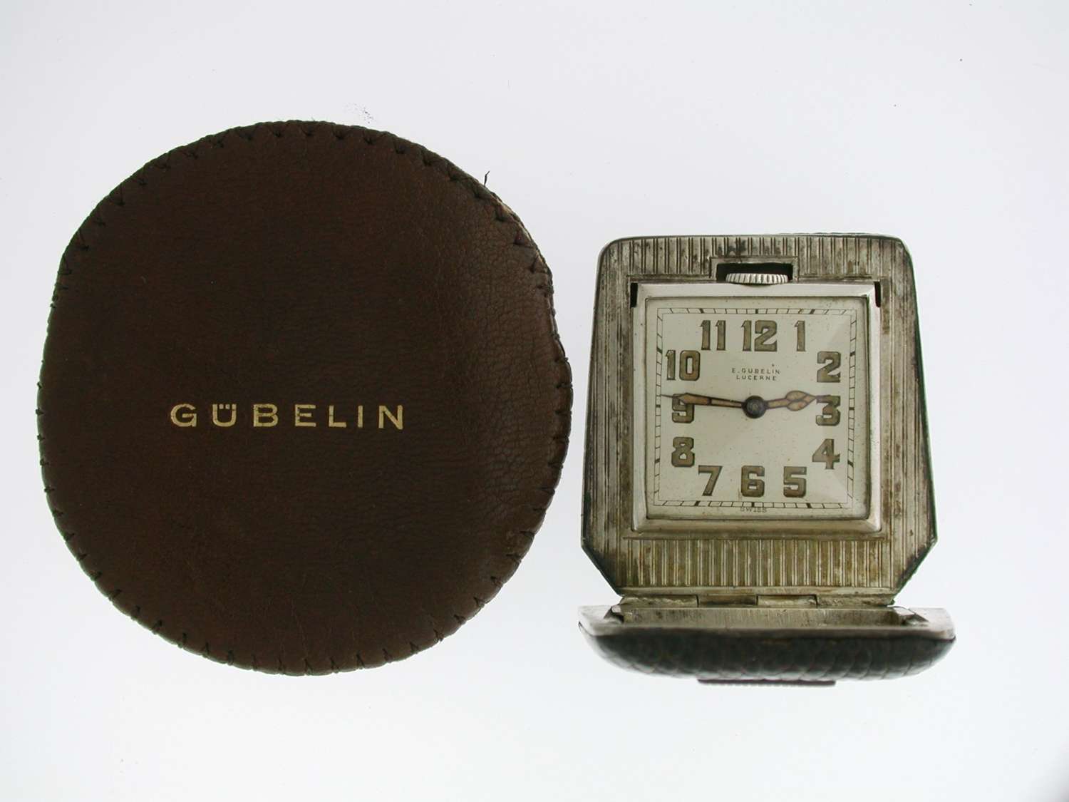 Antique Gubelin Silver 0.935 Eterna Travelling Clock in Original Pouch