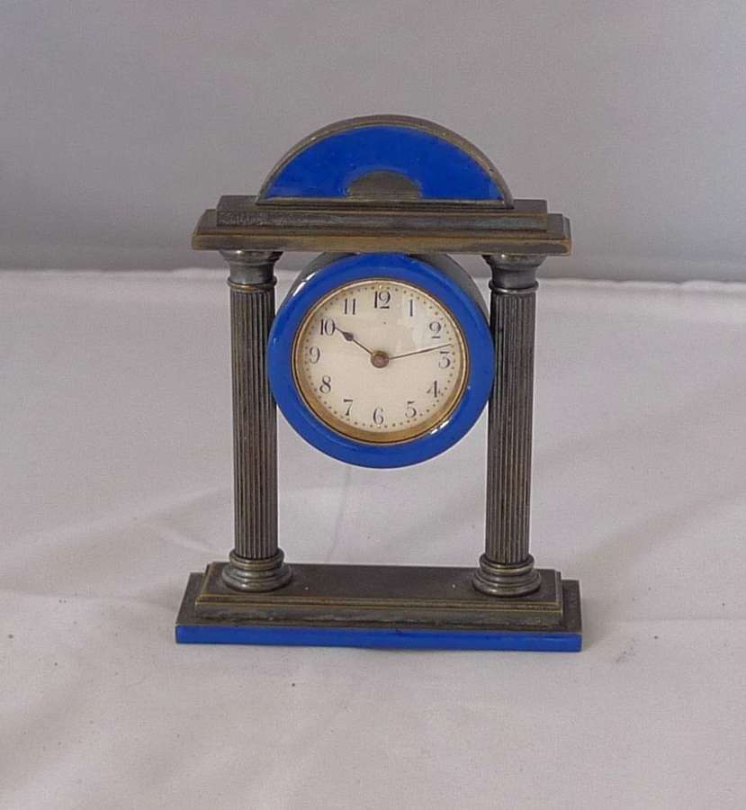 Antique Vintage Decorative Pewter Blue Enamel Desk Accessory Clock