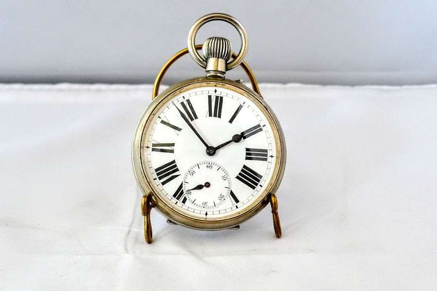 Antique Goliath Steel Open Face Pocket Watch Swiss 1900 On Stand