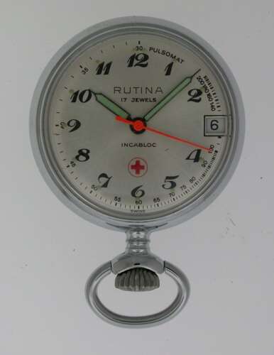 N.O.S. Mint RUTINA S/S NURSE Pocket Watch with Calendar 1960
