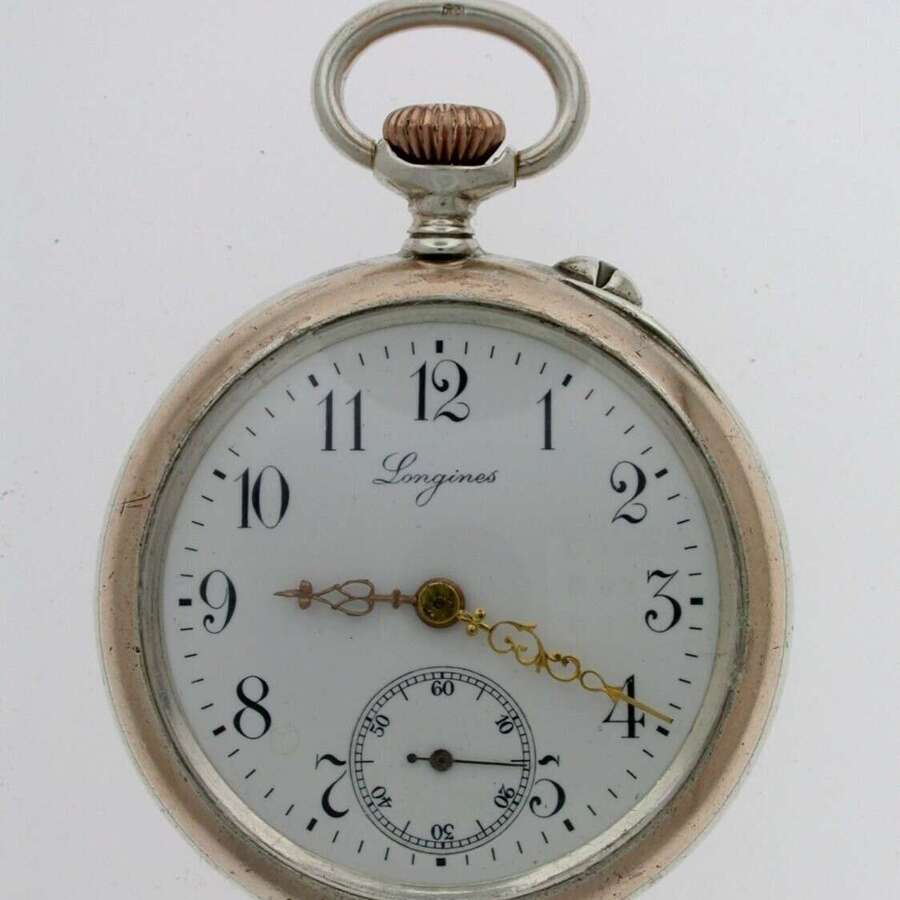 Superb Gents Longines Silver 0.800 Art Nouveau Open Face Swiss FOB Pocket Watch 1904