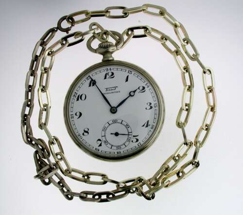 Tissot – Open Face Pocket Watch With Chain - Swiss – 1935