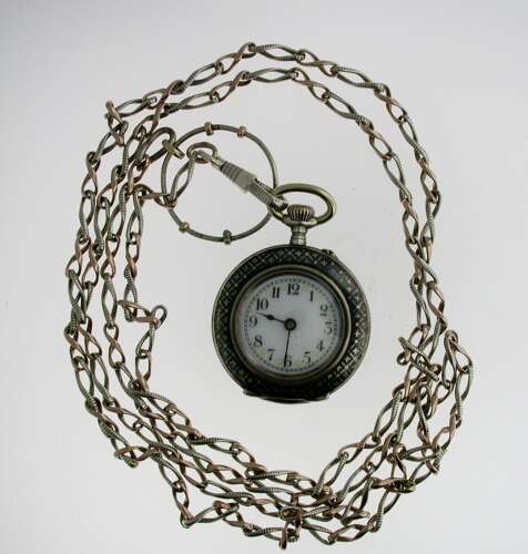 Silver Niello Victorian Ladies FOB Pocket Watch with 1 M Long Niello Chain Swiss
