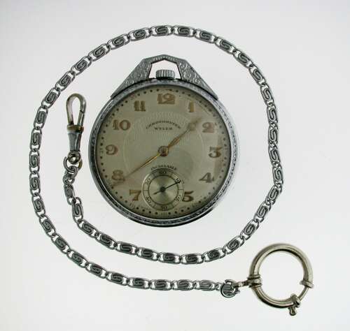 Art Deco WYLER Steel Chronometer Pocket Watch with Chain Swiss 1920