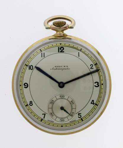 Art Deco SIDUNA Gold Filled %26 Steel Open Face Pocket Watch Swiss 1900 with Gold Filled Chain