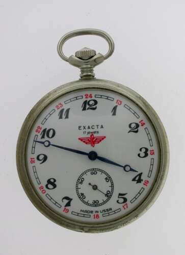Steel Russian Railway EXACTA Open Face Pocket Watch 1960