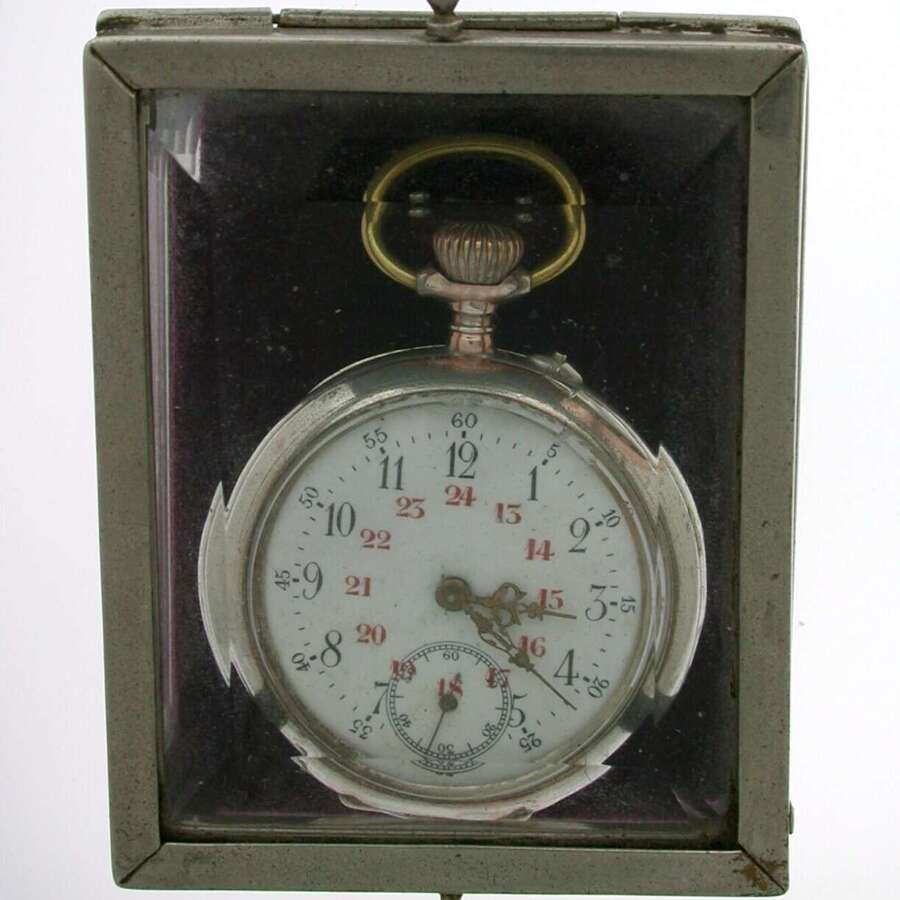 Glass Pocket Watch Stand Holder Box with Silver Pocket Watch 1870