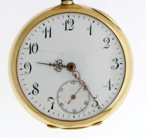 18ct Yellow Gold OMEGA Open Face Pocket Watch in Black Forest Wooden Watch Stand