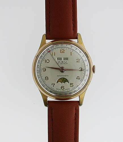 Gold Filled Gent’s Full Calendar Moon Face ASU Wristwatch Swiss 1953