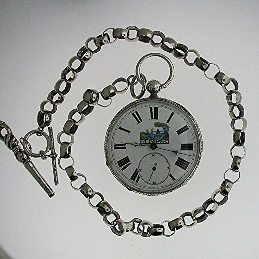 Silver Open Face Pocket Watch with Train on Dial  Swiss 1880 with Long Chain