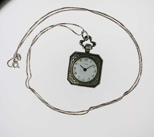Silver 925 Open Face Square Pocket Watch with Silver 835 Chain