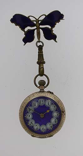 9 Kt Gold Ladies Open Face Fob Pocket Watch with Blue Enamel Butterfly Brooch 1890