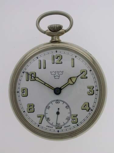 Royal Swedish Military Steel Open Face  Pocket Watch Swiss Made 1940