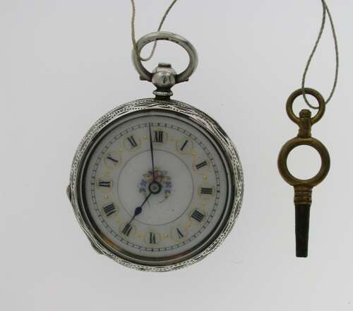Silver 935 Open Face Fob Pretty Dial Telephone Dial Pocket Watch Swiss 1850