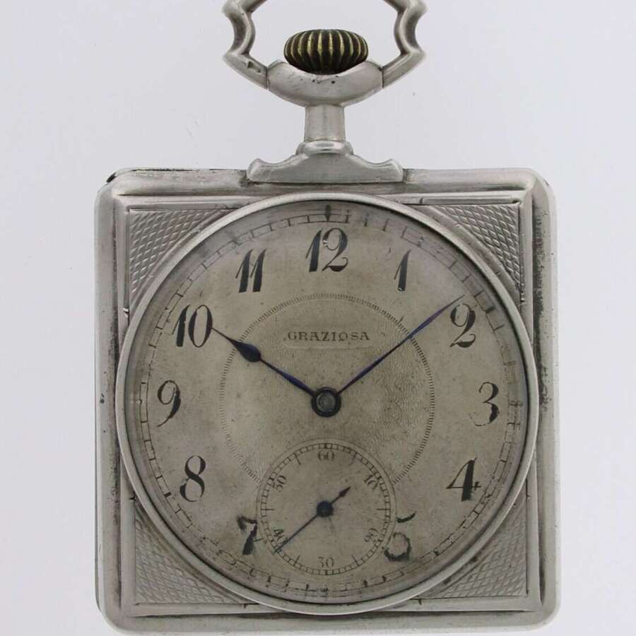 Rare Silver Square Open Face Pocket Watch Swiss 1930
