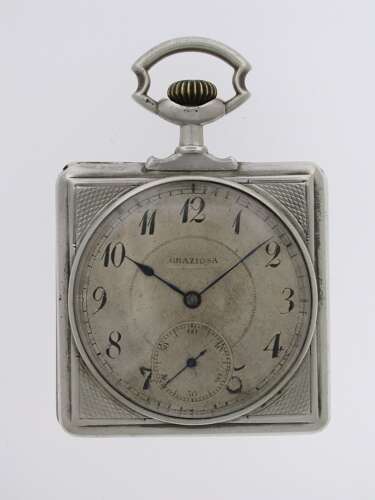 Rare Silver Square Open Face Pocket Watch Swiss 1930
