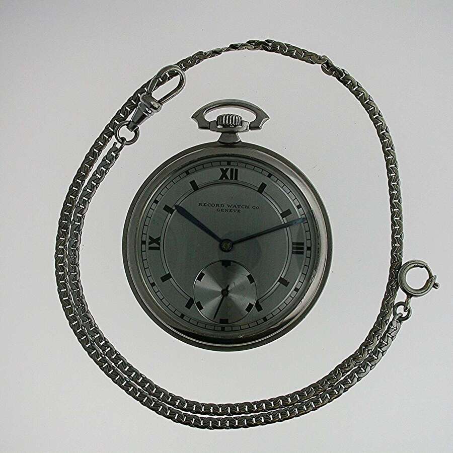 Record Art Deco Open Face Steel Staybrite Pocket Watch with Original Art Deco Chain Swiss 1930