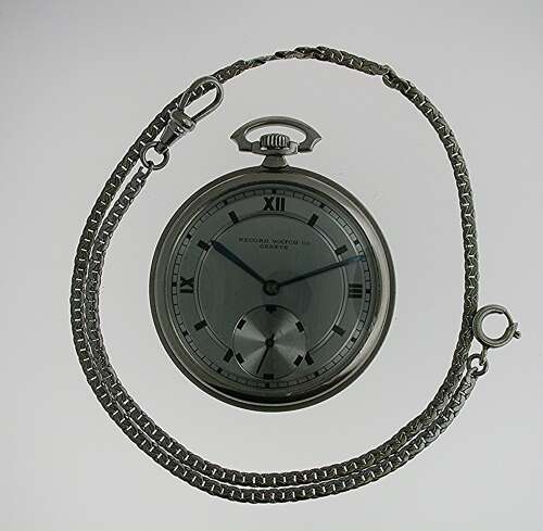 Record Art Deco Open Face Steel Staybrite Pocket Watch with Original Art Deco Chain Swiss 1930
