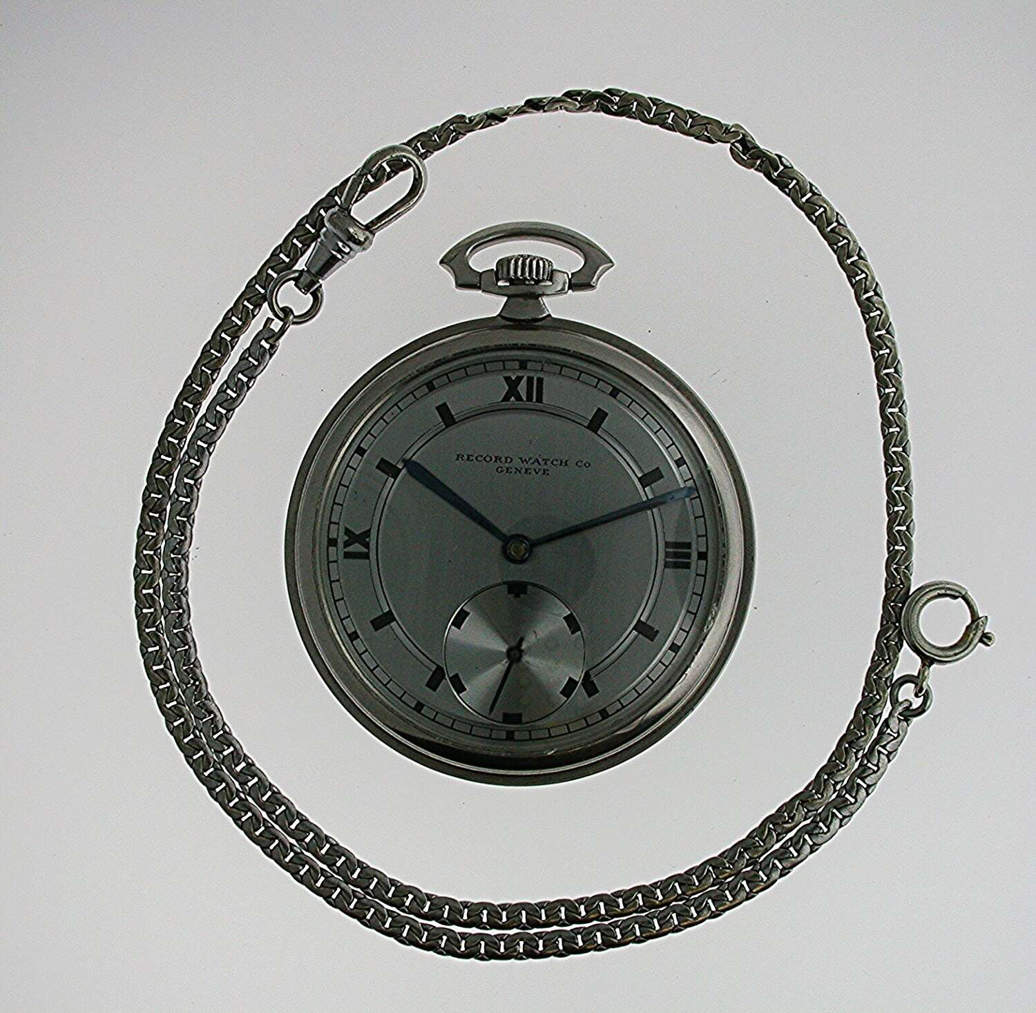Record Art Deco Open Face Steel Staybrite Pocket Watch with Original Art Deco Chain Swiss 1930
