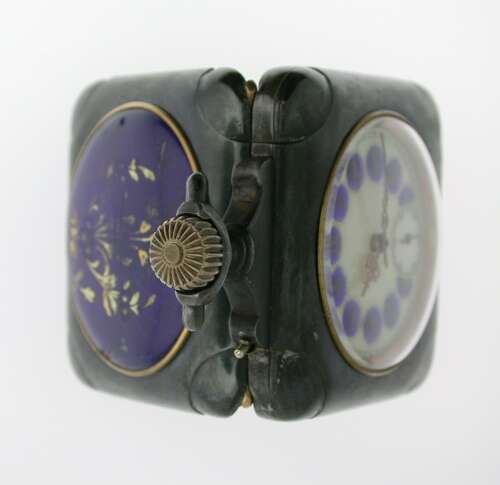 Rare Square Gunmetal Enamel Open Face Pocket Watch Telephone Dial Swiss 1900