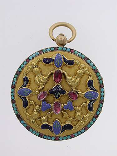 18 Kt Yellow Gold Open Face Pocket Watch with Ruby Stones Swiss 1850