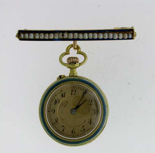 Lecoultre %26 Cie Exquisite 18 Kt Blue Enamel Gold  Swiss Pocket Watch 1870 with Brooch