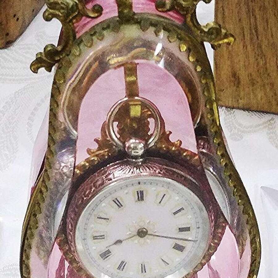 Rare Antique Pink Glass Pocket Watch Holder with Silver 0.935 Pretty Dial Pocket Watch Swiss Made &ndash; 1870