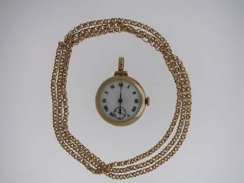 Pendant 9Kt Yellow Gold Stauffer Open Face Watch  with Gf Chain 1960