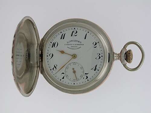 Silver 0.900 %26 Niello Gold Longines Full Hunter Pocket Watch Spanish Market – Swiss 1900