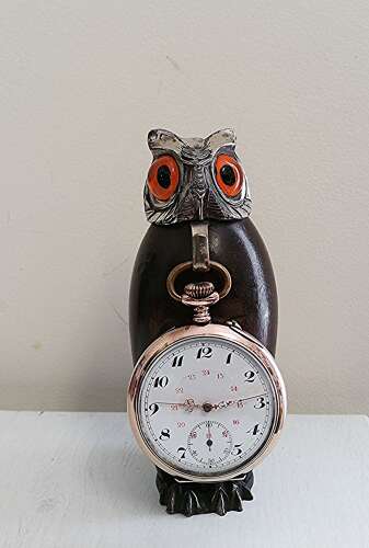 Owl Mahogany Watch Stand with Silver 0.800 Pocket Watch Swiss 1900