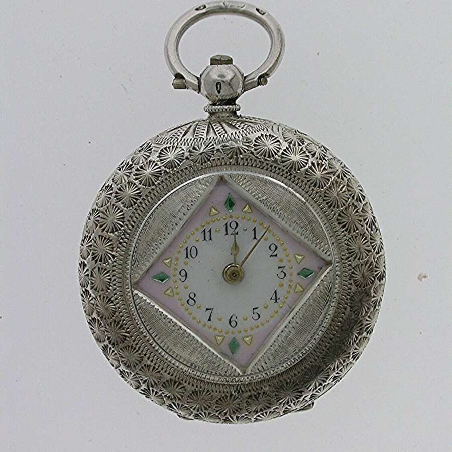 Silver 0.935 Pretty Dial Open Face Pocket Watch Swiss 1870