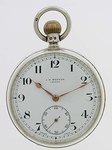 Silver J.W. Benson London 1933 Open Face Pocket Watch Swiss Made