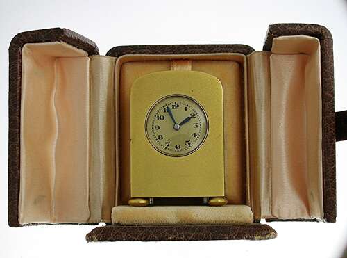 Exquisite Carriage Miniature Clock Gilt in Box Swiss 1920