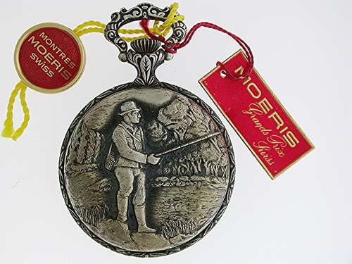 Moeris Nos Full Hunter Pocket Watch  with Fisherman on Case Swiss 1960