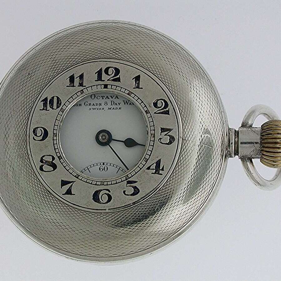 Rare Silver 925 Octava 8 Days Half Hunter Pocket Watch Swiss 1920