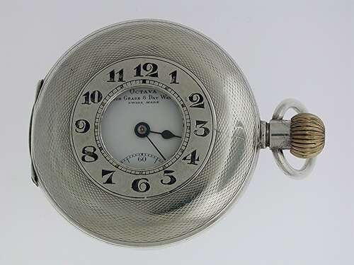 Rare Silver 925 Octava 8 Days Half Hunter Pocket Watch Swiss 1920