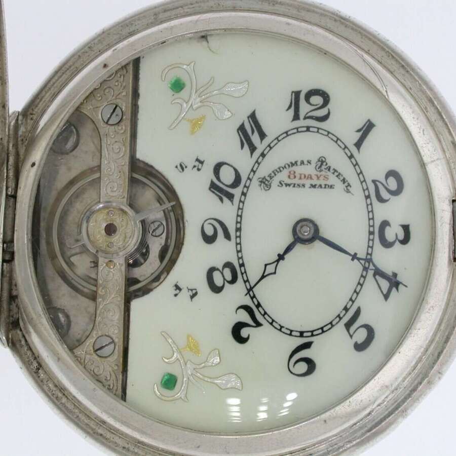 Hebdomas 8 Day Silver 925 Full Hunter  Pocket Watch Swiss Made 1919