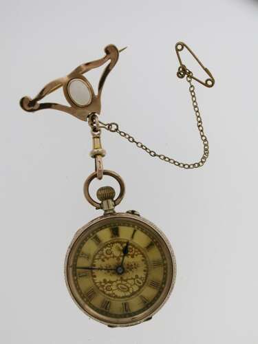9Kt Rose Gold Open Face Pocket Watch with Liberty Brooch Swiss 1900