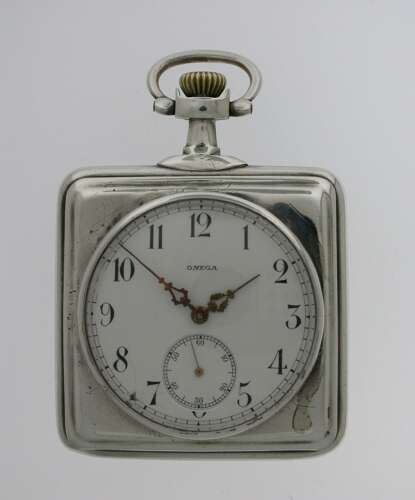 Omega Silver Square Open Face Pocket Watch Swiss 1910