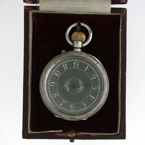 Silver Grey Enamel Dial Open Face Pocket Watch English Hallmark Birmingham 1882