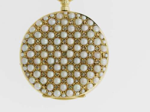 18Kt Rose Gold '750' Pearl %26 Diamond Ladies Fob Pocket Watch with Bow Brooch