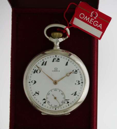 Omega Silver 0.800 Open Face Pocket Watch 1917 in Original Omega Box %26 Pouch